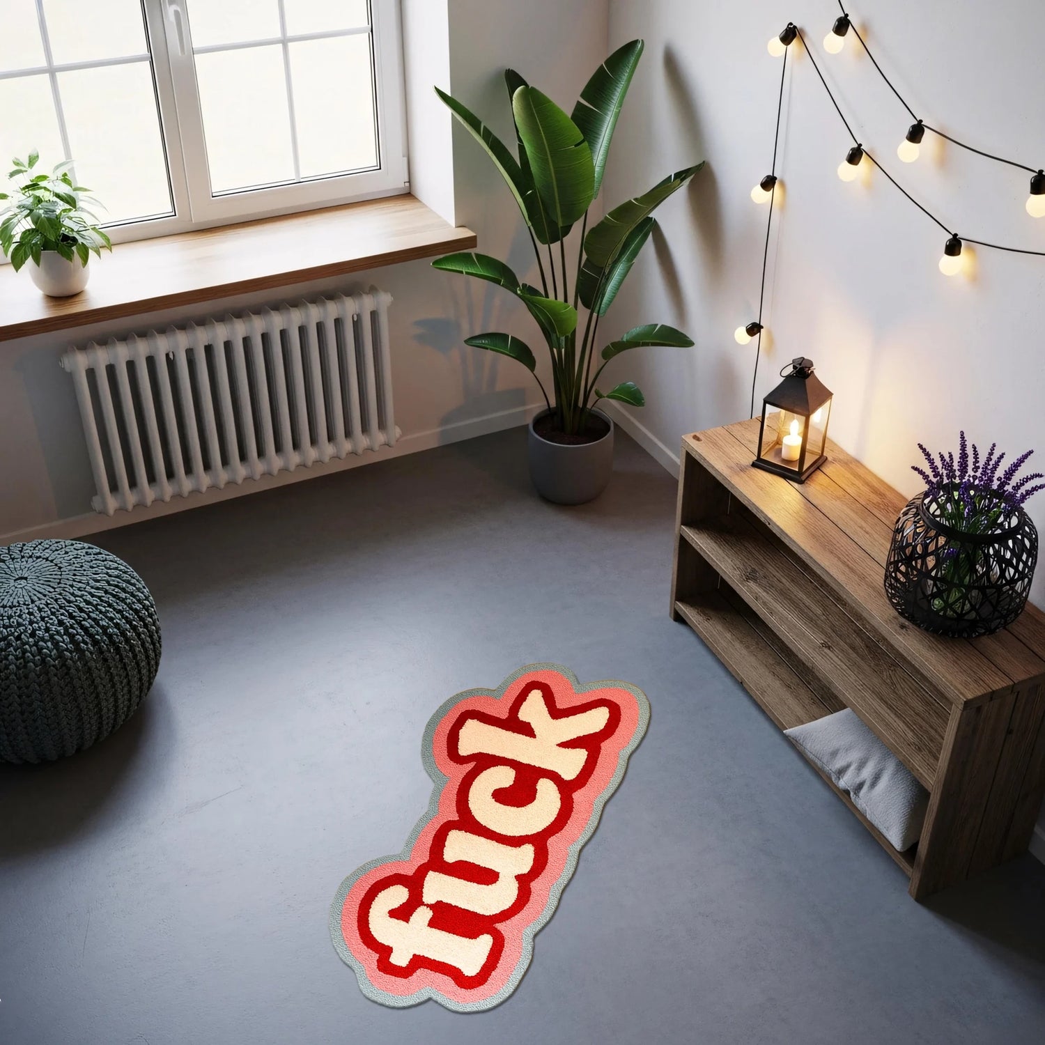 FabricUp tipografi temalı halı, “fuck” yazılı cesur slogan tasarımı, kırmızı beyaz kontrastlı pop art stil, street art estetiği, genç odası ve modern loft dekoru için dikkat çekici grafik zemin halısı, urban tasarım, statement rug.
