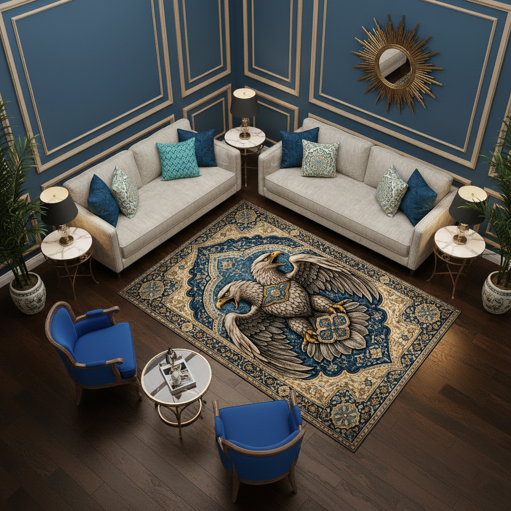 Klasik ve sanatsal stilde tasarlanmış dekoratif halı, merkezde detaylı çift kartal figürü içerir. Mavi zemin üzerinde yoğun floral ve ornamental motifler ile zengin ve dikkat çekici bir kompozisyon sunar.
