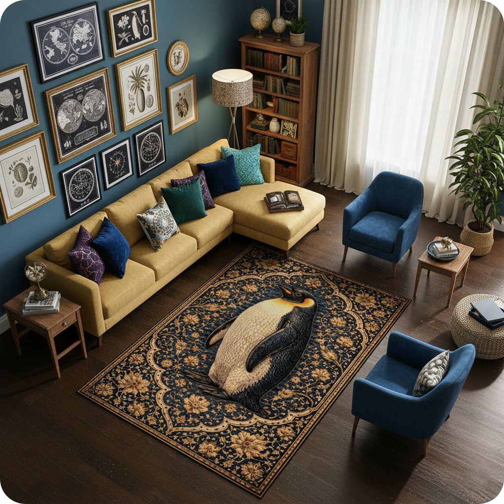 Klasik ve persian stilinde tasarlanmış dekoratif halı, merkezde detaylı işlenmiş penguen figürü içerir. Koyu lacivert zemin üzerinde yer alan figür, altın tonlu floral ve ornamental bordürlerle çevrelenmiştir.