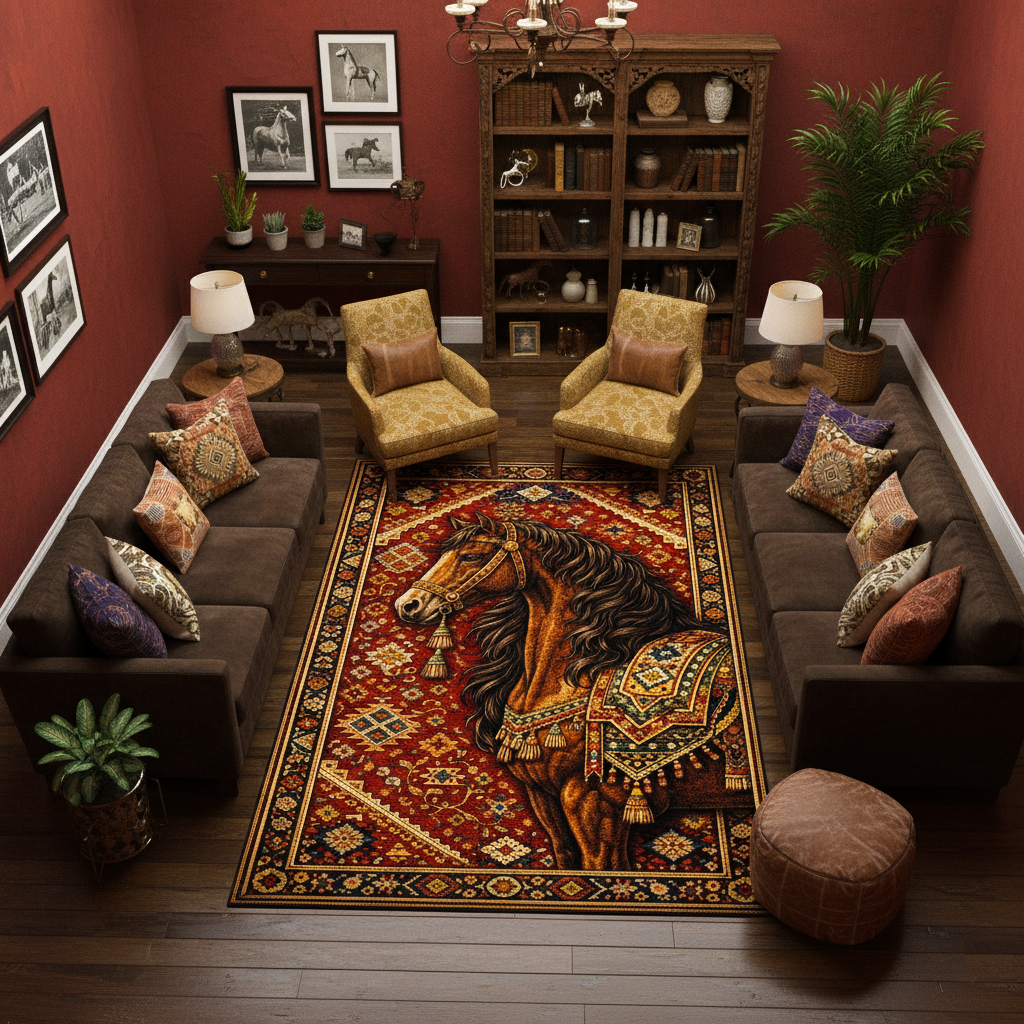 Etnik ve sanatsal stilde tasarlanmış dekoratif halı, merkezde detaylı at figürü içerir. Kırmızı zemin üzerinde yoğun geometrik ve ornamental motifler ile zengin ve dikkat çekici bir kompozisyon sunar.