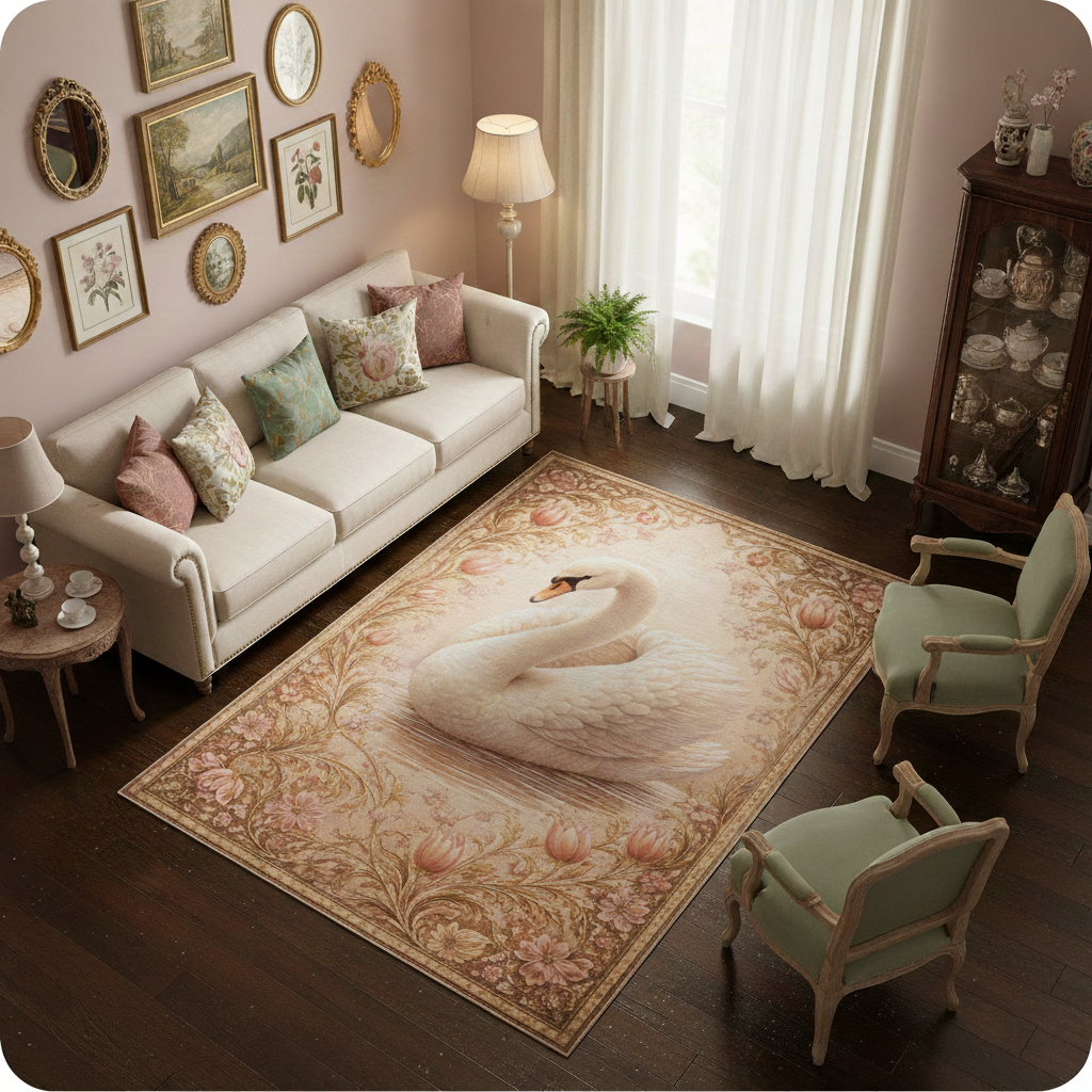 Klasik ve romantik stilde tasarlanmış dekoratif halı, merkezde zarif ve detaylı kuğu figürü içerir. Açık pastel tonlu zemin üzerinde floral ve kıvrımlı ornamental desenler ile dengeli ve yumuşak bir kompozisyon sunar.