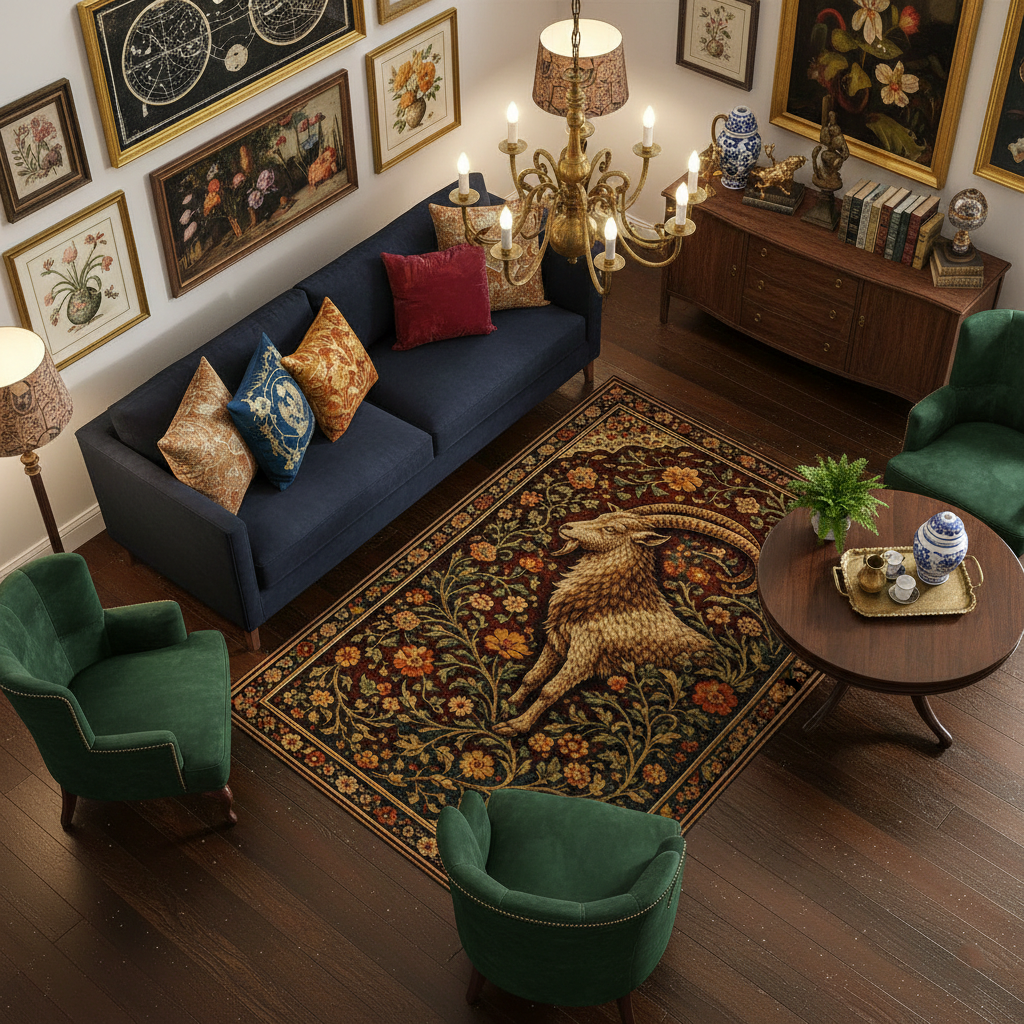 Klasik ve sanatsal stilde tasarlanmış dekoratif halı, merkezde detaylı kartal figürü içerir. Kırmızı zemin üzerinde yoğun floral ve ornamental motifler ile zengin ve dikkat çekici bir kompozisyon sunar.