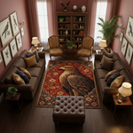 Klasik ve sanatsal stilde tasarlanmış dekoratif halı, merkezde detaylı kartal figürü içerir. Kırmızı zemin üzerinde yoğun floral ve ornamental motifler ile zengin ve dikkat çekici bir kompozisyon sunar.